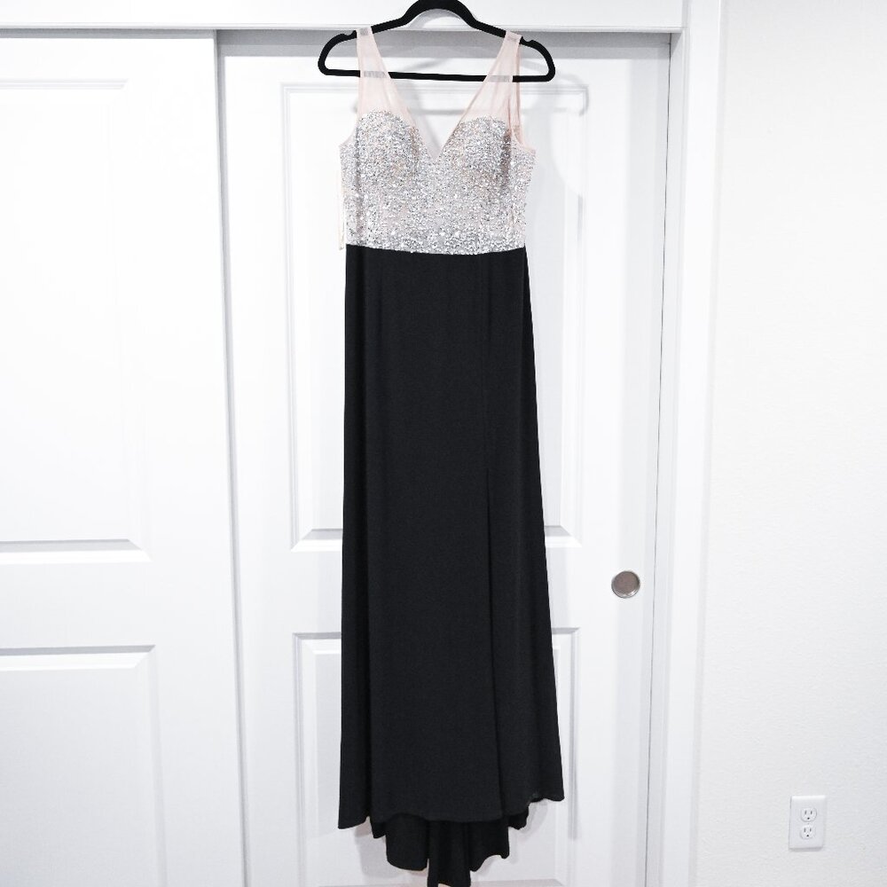 Adrianna Pappel Size 12 Black Gown with Shear Sequin Top and Back